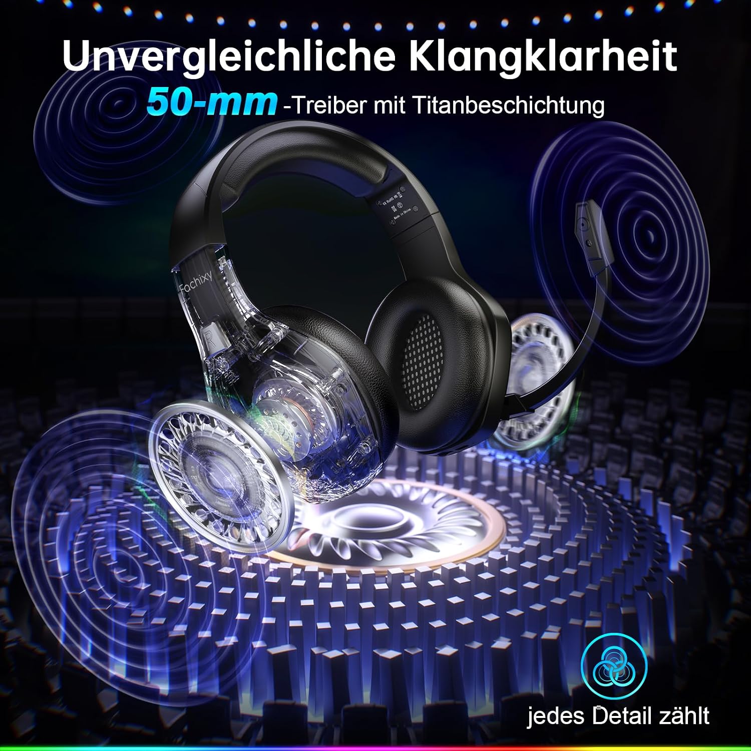 Detalle 2 de Fachixy Wireless Gaming Headset – 50 h Akku, 2,4 GHz/ Bluetooth, PS5/PS4/PC/Mac/Switch