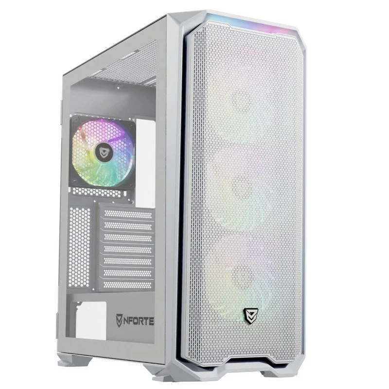 Detalle de Nfortec Krater X caja ATX blanca con 4 ventiladores