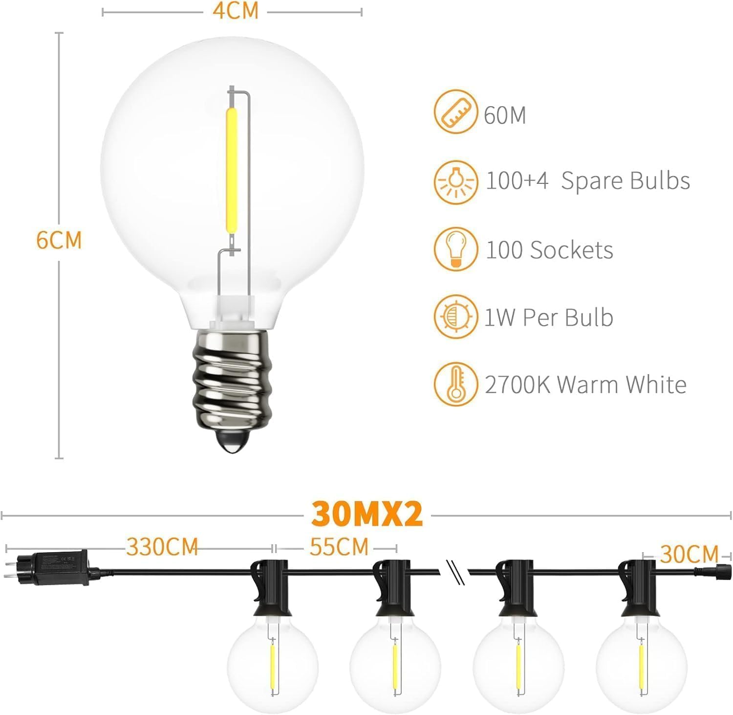 Thumbnail 6 de Yuucio 60 m dimmbare Lichterkette für außen (G40) mit Fernbedienung, warmweiß 2700 K