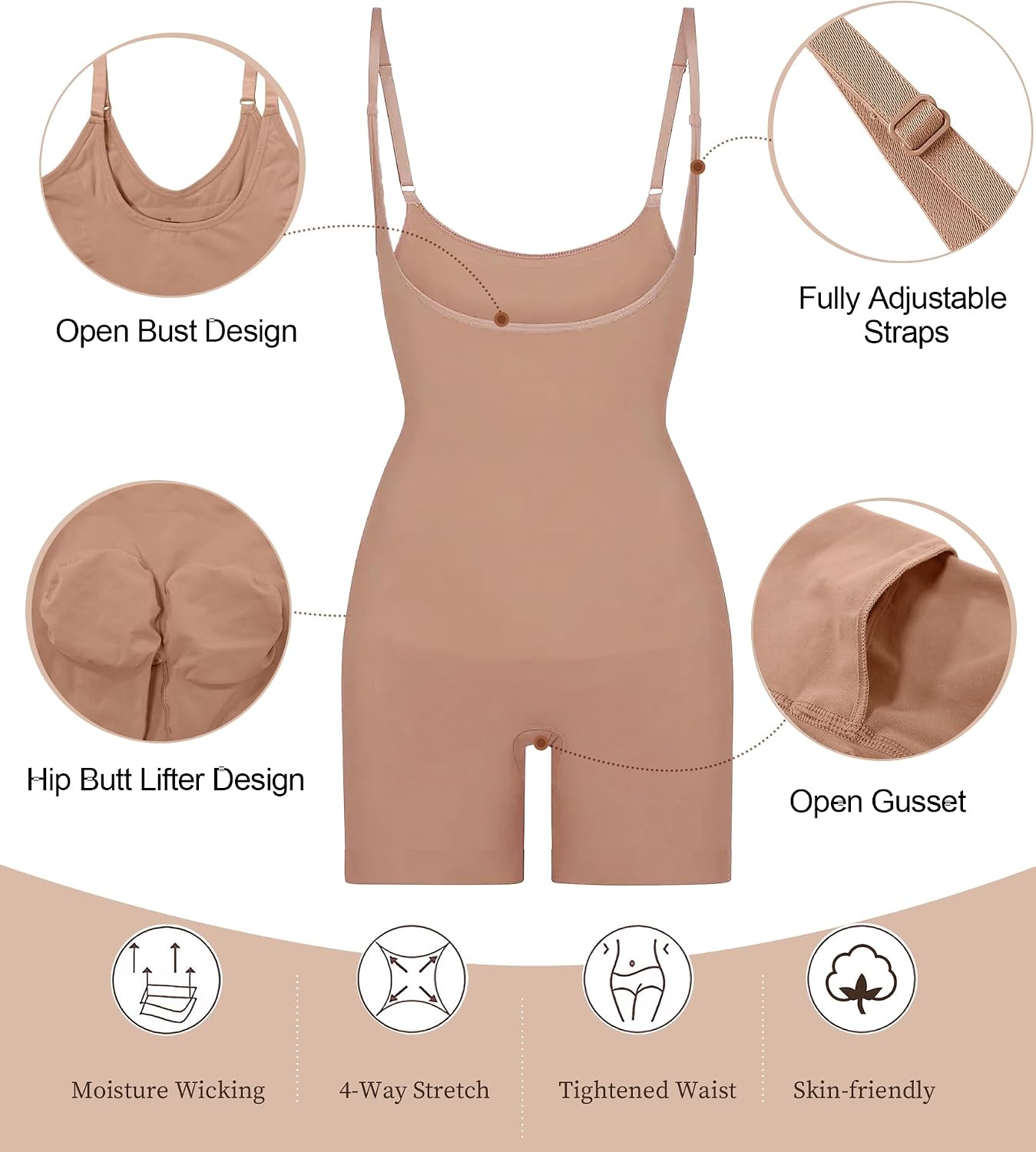 Detalle 2 de SHAPERX Open-Bust Mid-Thigh Shapewear Bodysuit for Women, Seamless Tummy Control