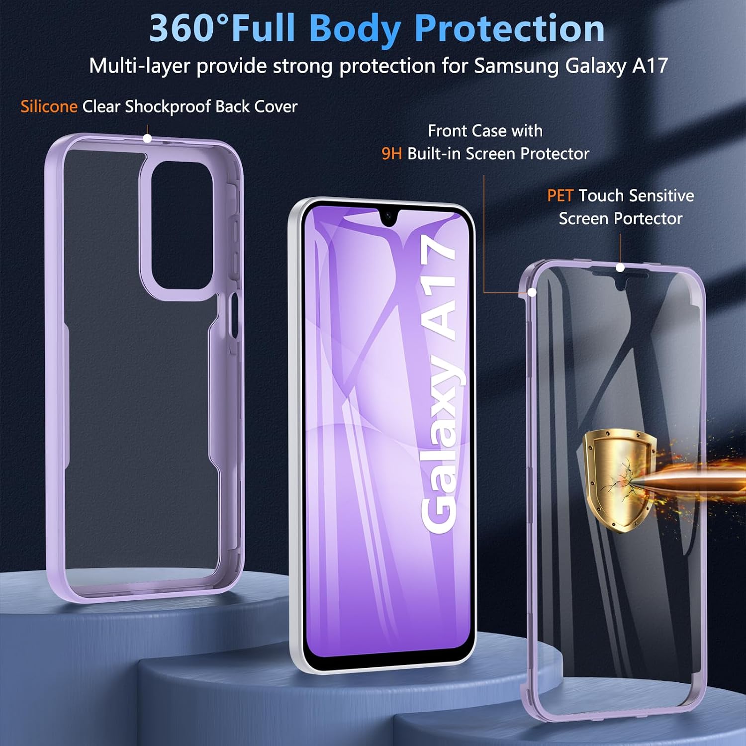 Thumbnail 1 de Hensinple Samsung A17 Case with Built-in Screen Protector — 360° Military-Grade Protection (Violet)