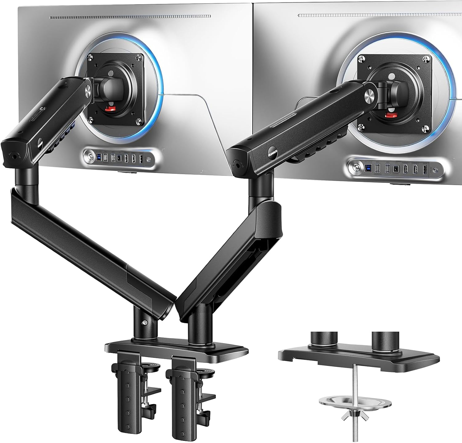 Detalle de HUANUO MonitorHalterung 2 Monitore für 13–32 Zoll – FlowLift Pro mit MechaSpring, werkzeugloser InstaMount, ACA-empfohlen