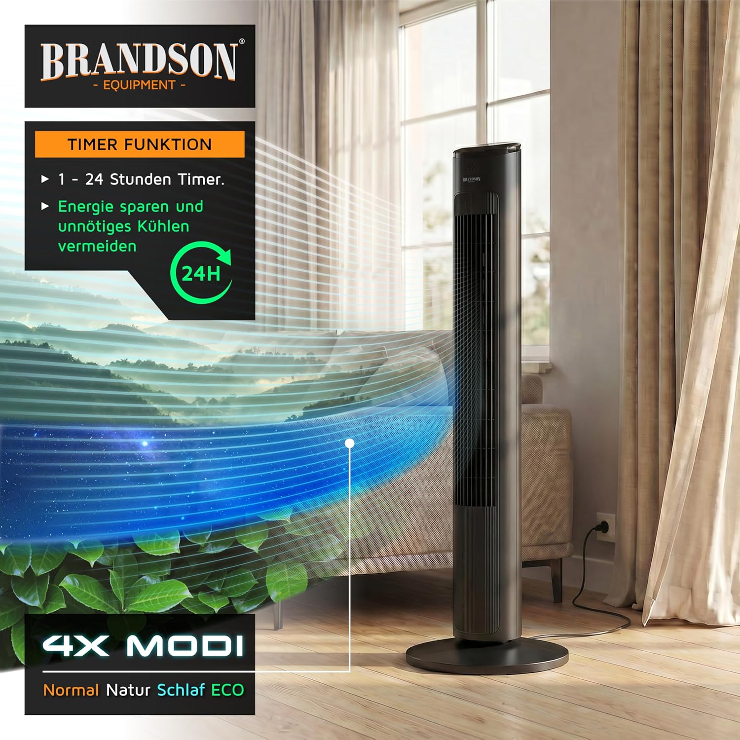 Detalle 2 de Brandson Turmventilator ECO GREEN – DC Motor, leise, Oszillation, Fernbedienung