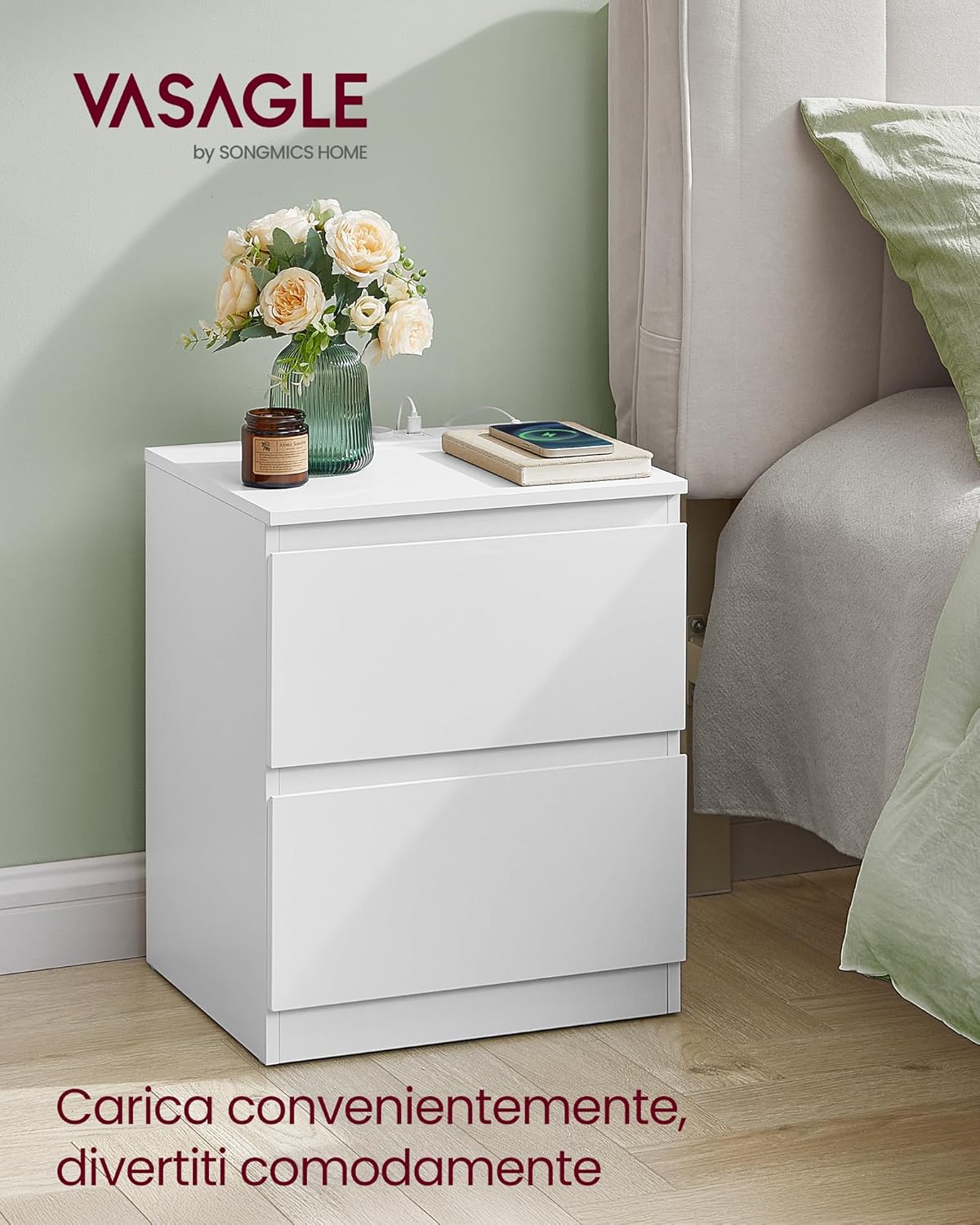 Detalle de VASAGLE Kailyn Collezione - Comodini con Ciabatta Elettrica, Set di 2, bianco nuvola LET821W02