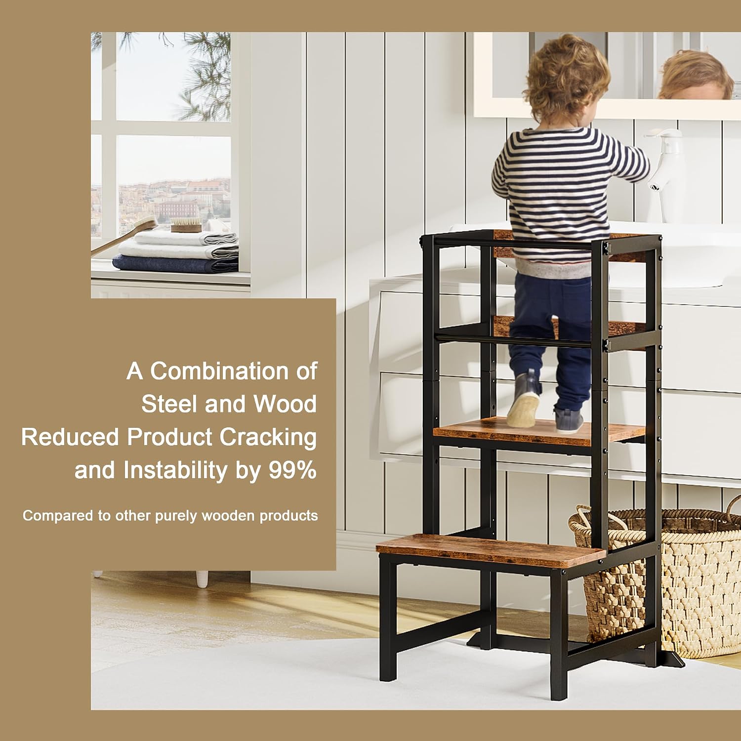 Detalle de INNOD Toddler Kitchen Step Stool, Wood and Steel