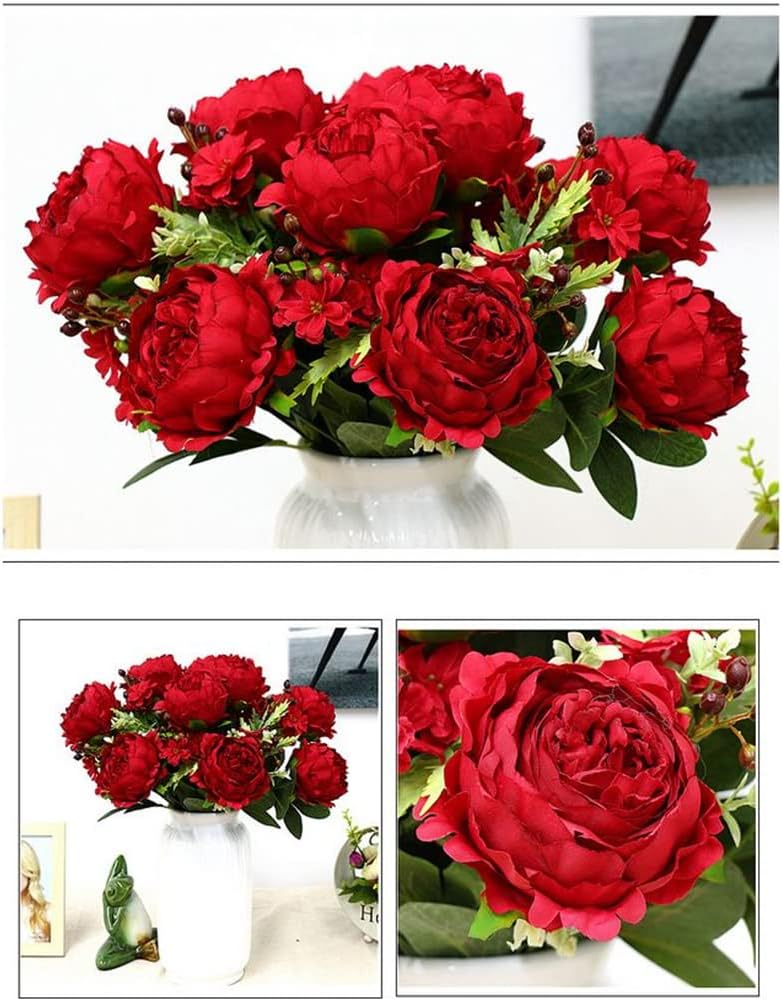 Thumbnail 2 de 10 Heads Peonies Artificial Flowers Bouquet – 17.5" Red Silk Peony Arrangement for Home, Garden, and Event Décor