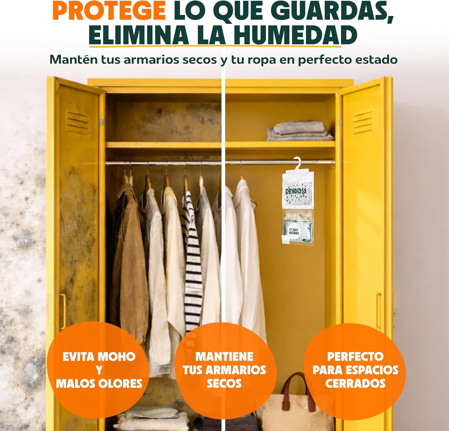 Detalle de Bolsas antihumedad DRYBOSS para armarios XL (pack 10, 2,5 kg) para absorber condensación y olores