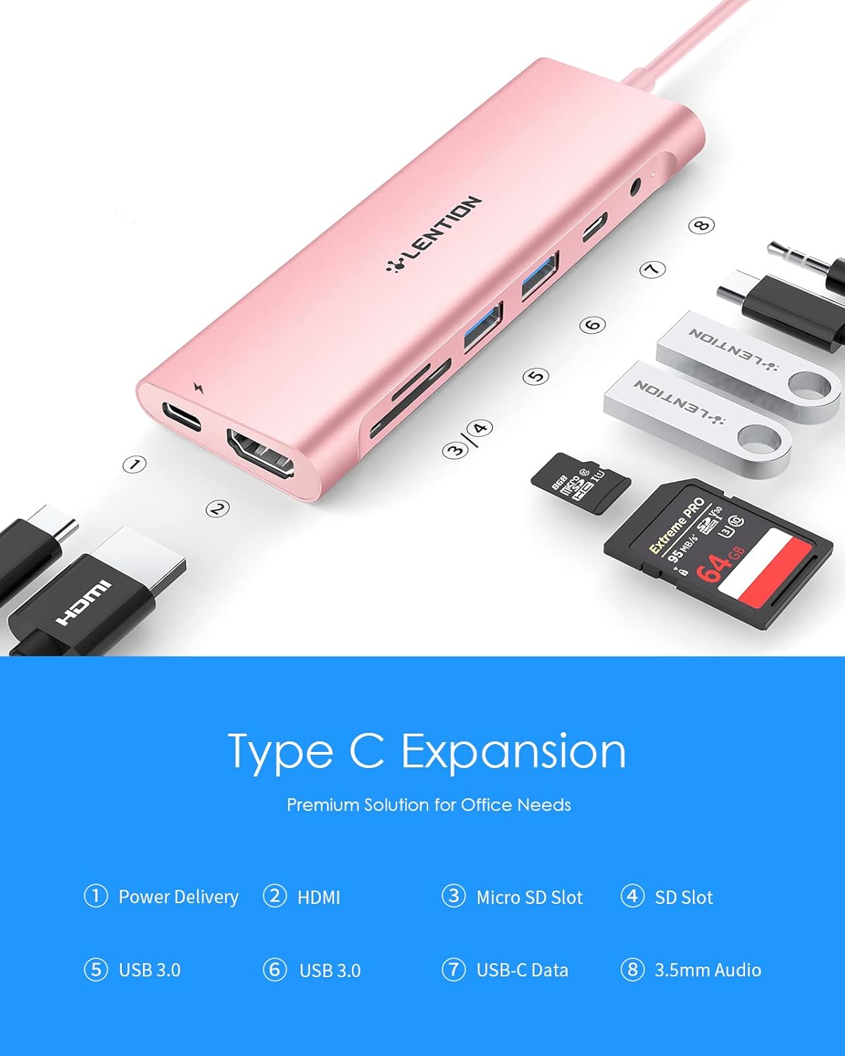 Thumbnail 2 de LENTION Hub USB-C 4K HDMI, 2 USB 3.0, Tarjeta, Jack 3.5mm