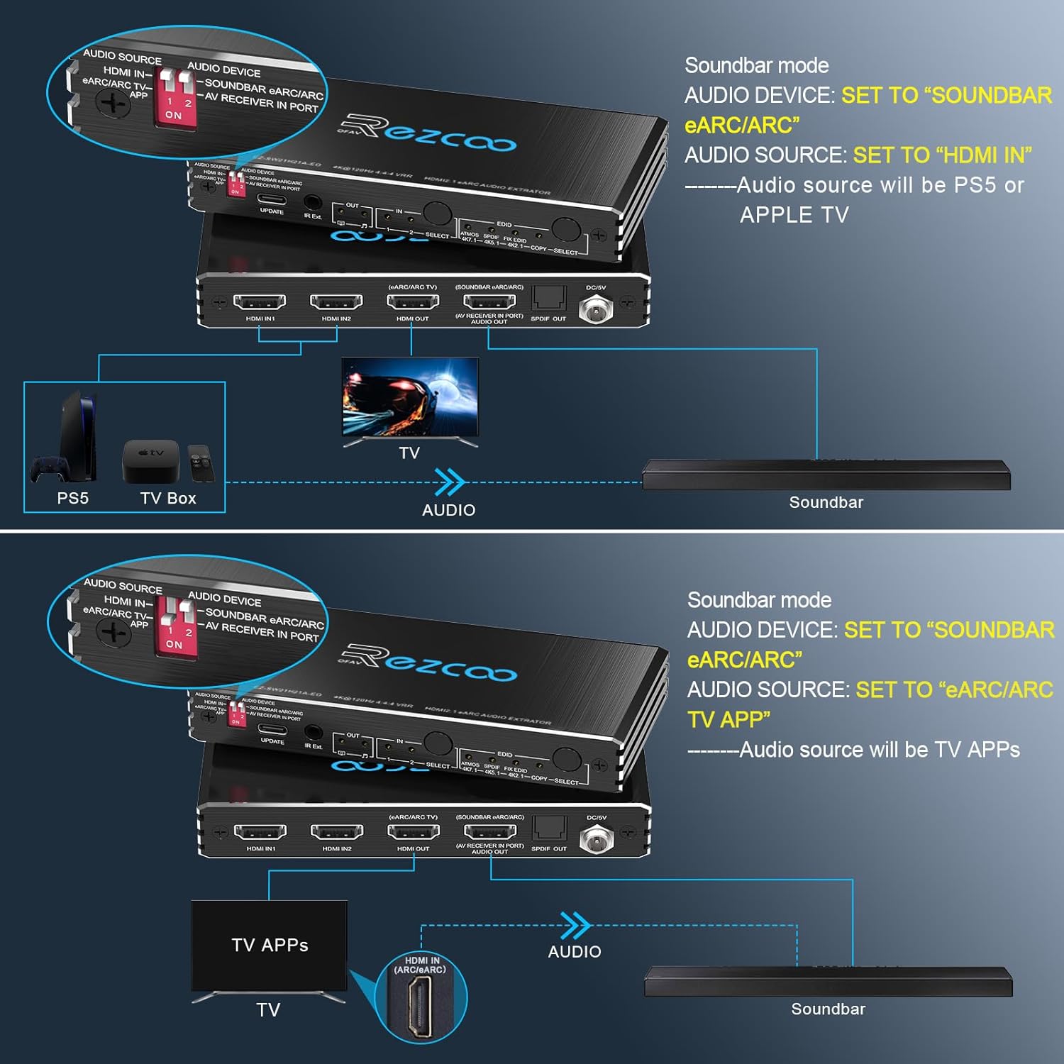 Thumbnail 3 de Extracteur audio HDMI 2.1 eARC 8K@60Hz / 4K@120Hz 2x1 avec switch vidéo et ARC/eARC (7.1/5.1) – EDID, VRR/ALLM