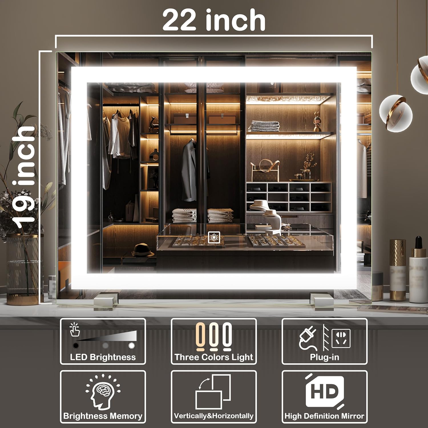 Thumbnail 2 de FENNIO Vanity Mirror with Lights (20"x23"), Large Lighted Makeup Mirror with Dimmable Modes and Touch Sensor