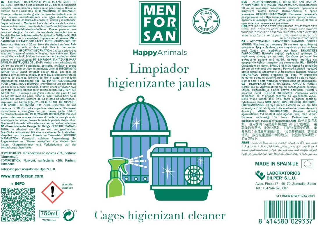 Detalle 2 de MENFORSAN Detergente per Gabbie di Uccelli 750ml: pulizia efficace e sicura per la salute degli uccelli