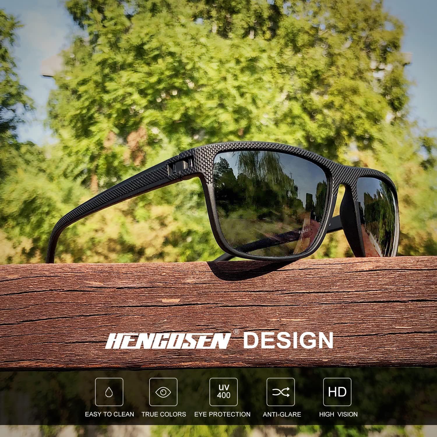 Detalle 2 de HENGOSEN Sunglasses Mens Polarised – Classic Lightweight UV400 Rectangular Frame