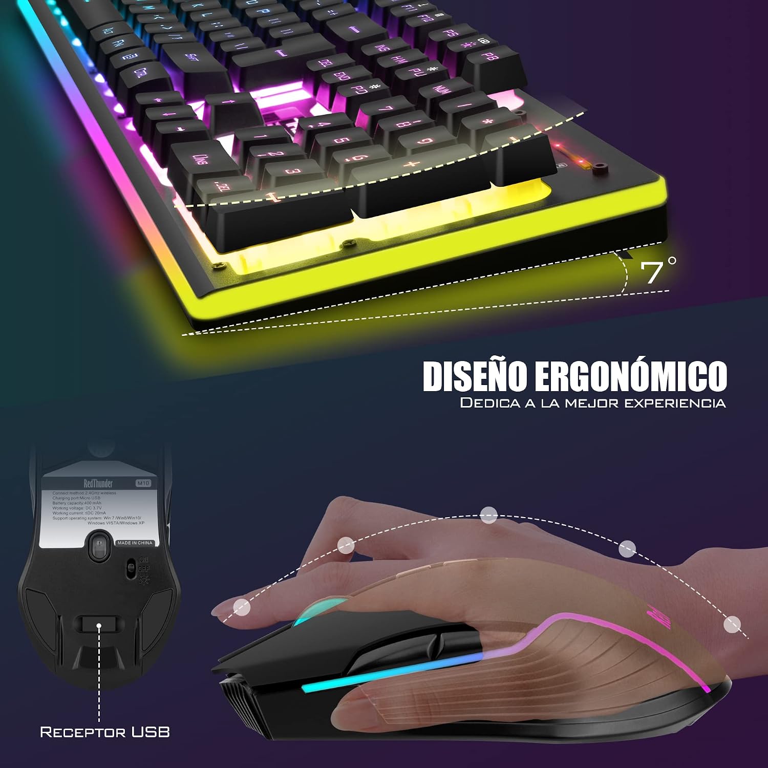 Detalle de RedThunder K10: Teclado y Ratón Inalámbricos Gaming con Iluminación RGB y Batería Recargable (Disposición ES) para PC/PS5/Xbox