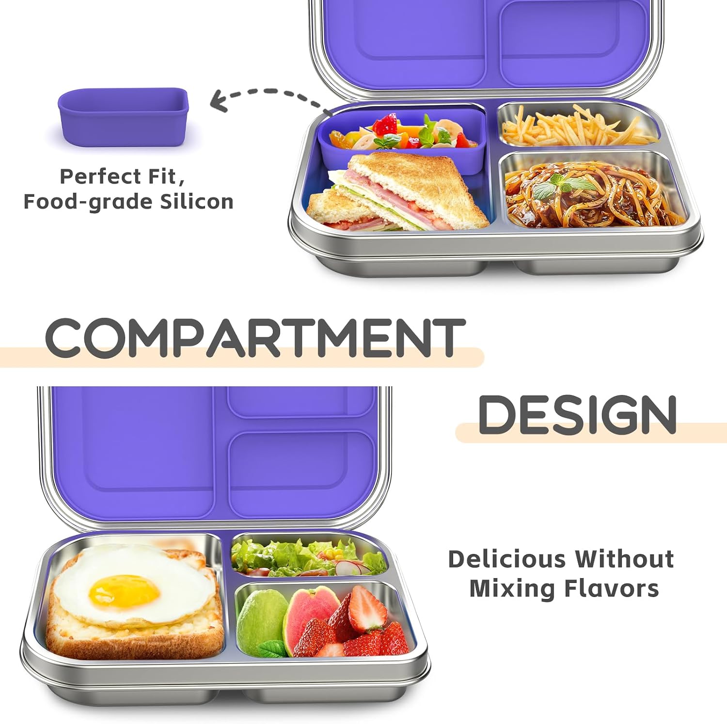 Thumbnail 1 de BOSEDSANG Stainless Steel Kids Leak-Resistant Bento Lunch Box (3 Compartments) - Purple