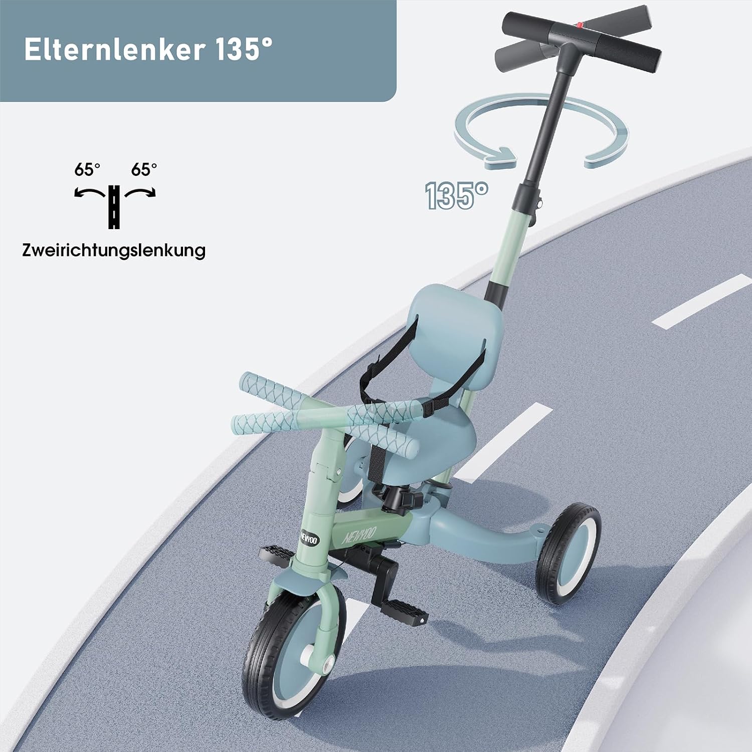 Detalle de Newyoo 5-in-1 Dreirad: Laufrad ab 1 Jahr mit verstellbarem Lenker und Sitz – Grün
