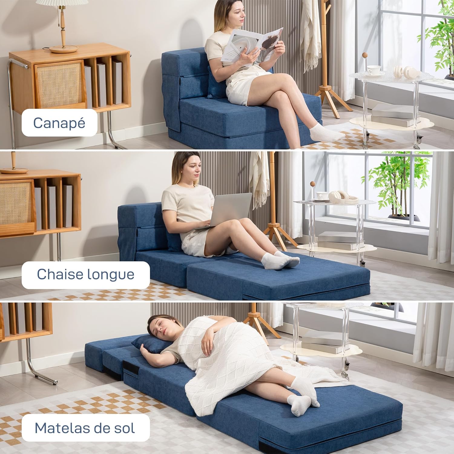 Thumbnail 3 de HOMCOM Fauteuil Convertible 1 Place 3 en 1 – Canapé de sol pliant en flanelle bleue, 210 cm