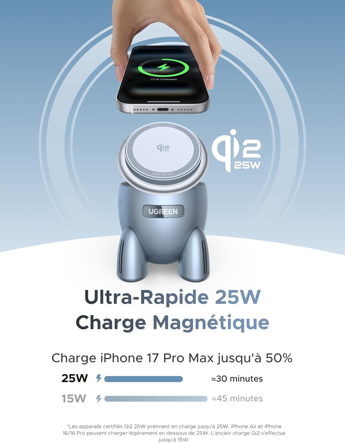 Detalle de UGREEN Uno Qi2 25W Chargeur Induction 2 en 1 – forme fusée magnétique MagSafe