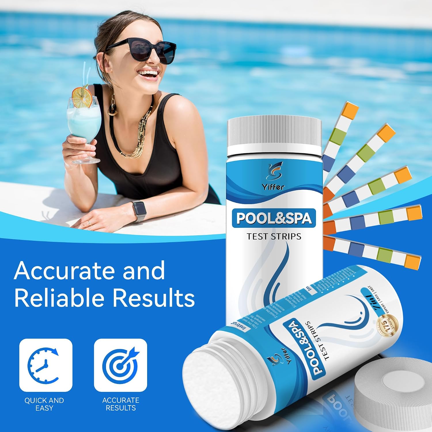 Detalle de Yiffer 175-Count 7-Way Pool Test Strips for Pools, Hot Tubs and Spas
