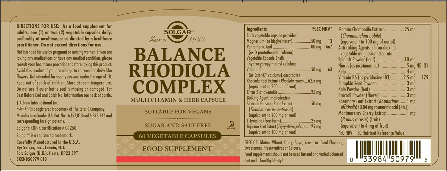 Thumbnail 1 de Solgar Balance Rodiola Complex 🌿, Apoyo Nervioso, 60 Cápsulas