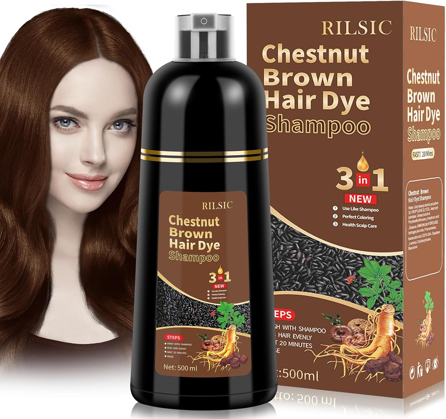Thumbnail 6 de RILSIC 500ml Shampoo Colorante 3 in 1 – Tinta per Capelli Castano, Copre Grigi e Nutre