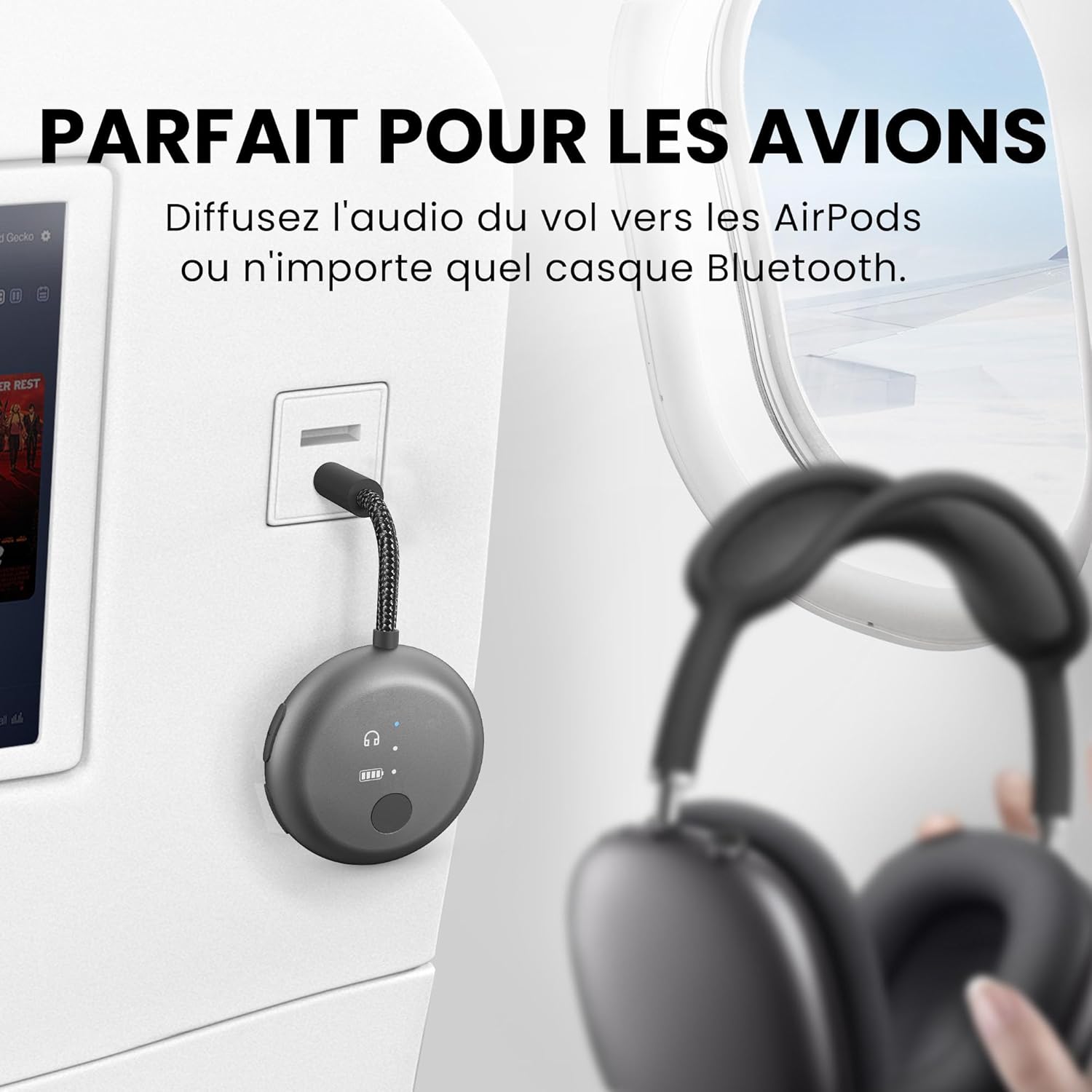Thumbnail 1 de Avantree SoundJet R1 – Transmetteur Bluetooth pour avion avec AirPods et écouteurs, aptX Adaptive, 25 h, USB-C – Noir métallisé