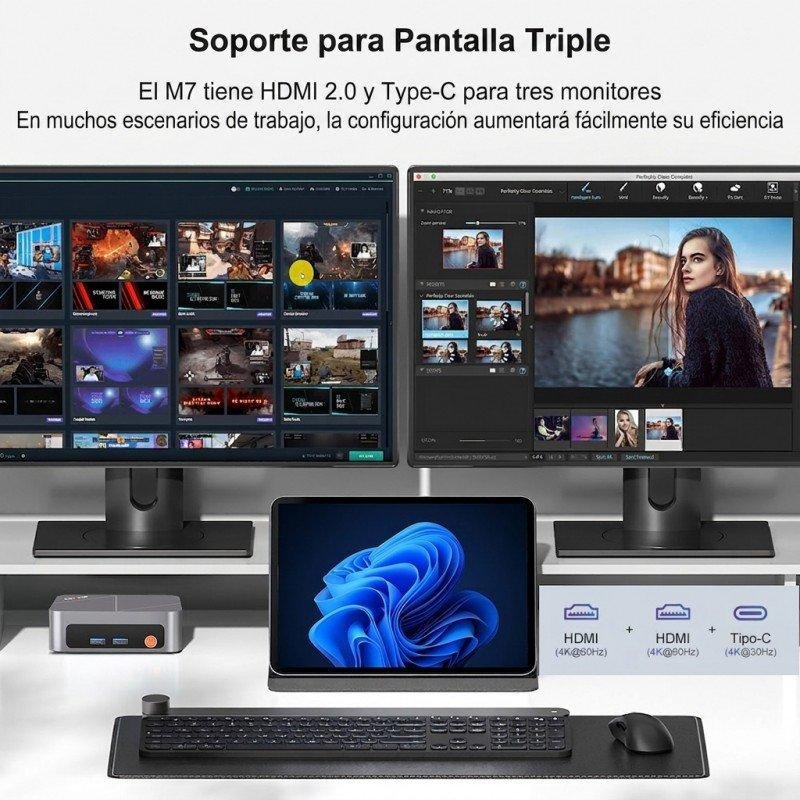 Detalle de Mini PC Ninkear M7 con Ryzen 5 7430U, 16 GB, 512 GB SSD y triple pantalla