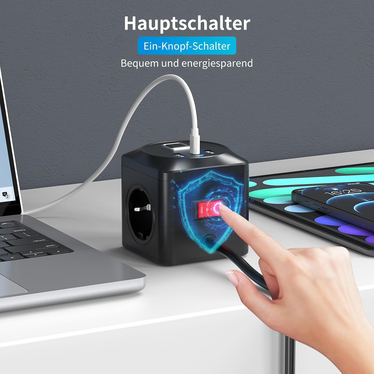 Detalle de Steckdosenwürfel mit USB – 6-in-1 USB-Steckdosenleiste, 3x EU-Steckdosen + 2x USB-A + 1x USB-C, 3680 W, PD 20 W, 2 m Kabel, Schutz