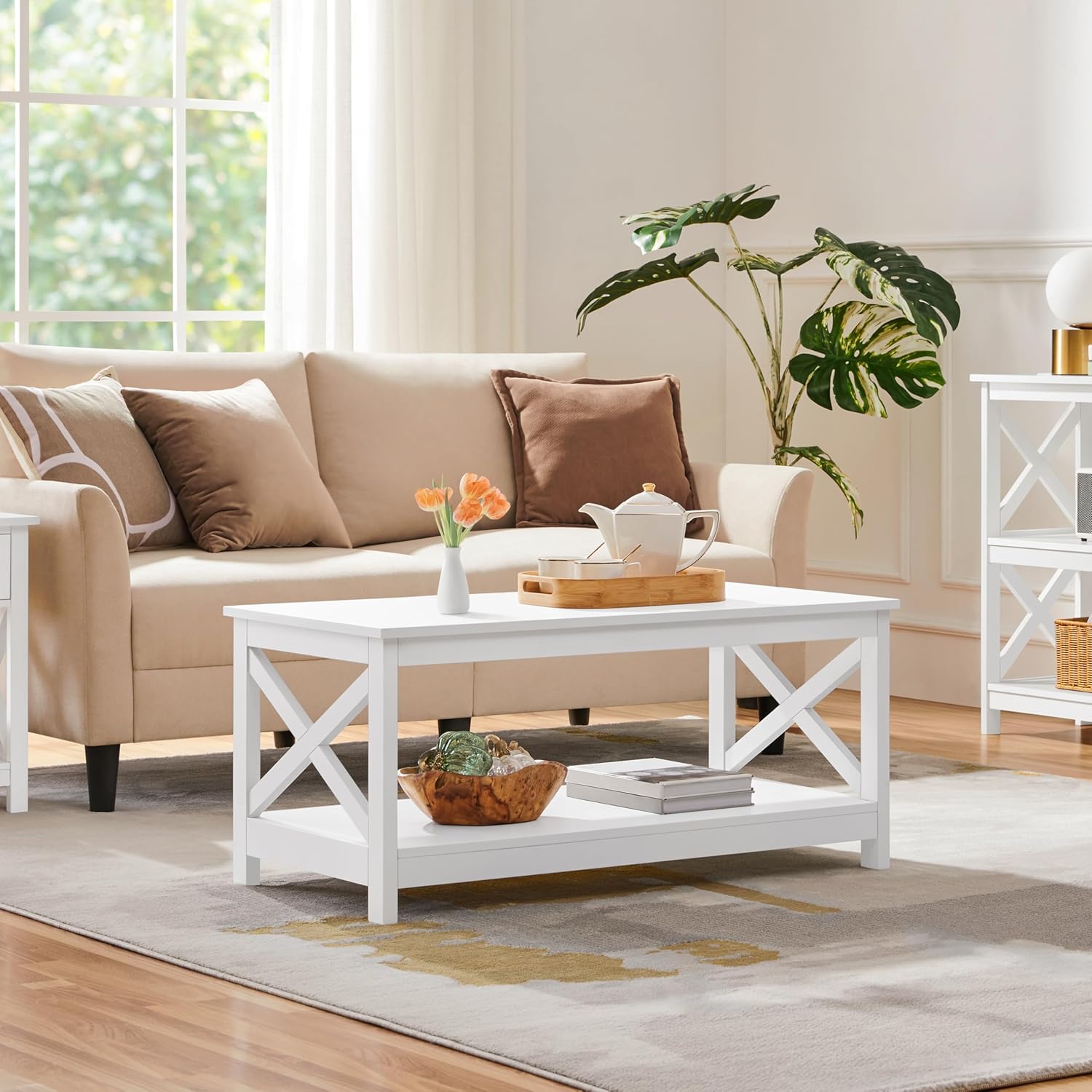 Thumbnail 1 de Yaheetech Tavolino da caffè basso da salotto con 2 ripiani in MDF e piano inferiore grande, bianco 100 x 50 x 45 cm