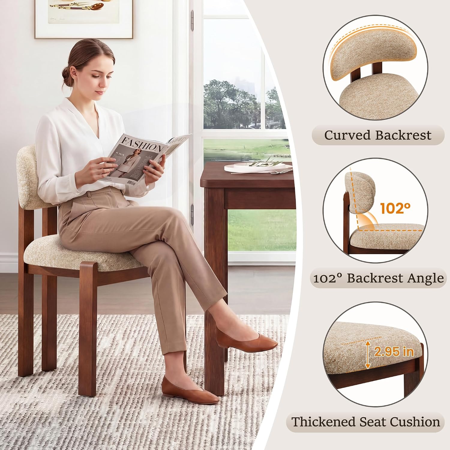 Detalle de MALOL DCW37 Dining Chairs, Set of 2, Camel Chenille, Curved Backrests