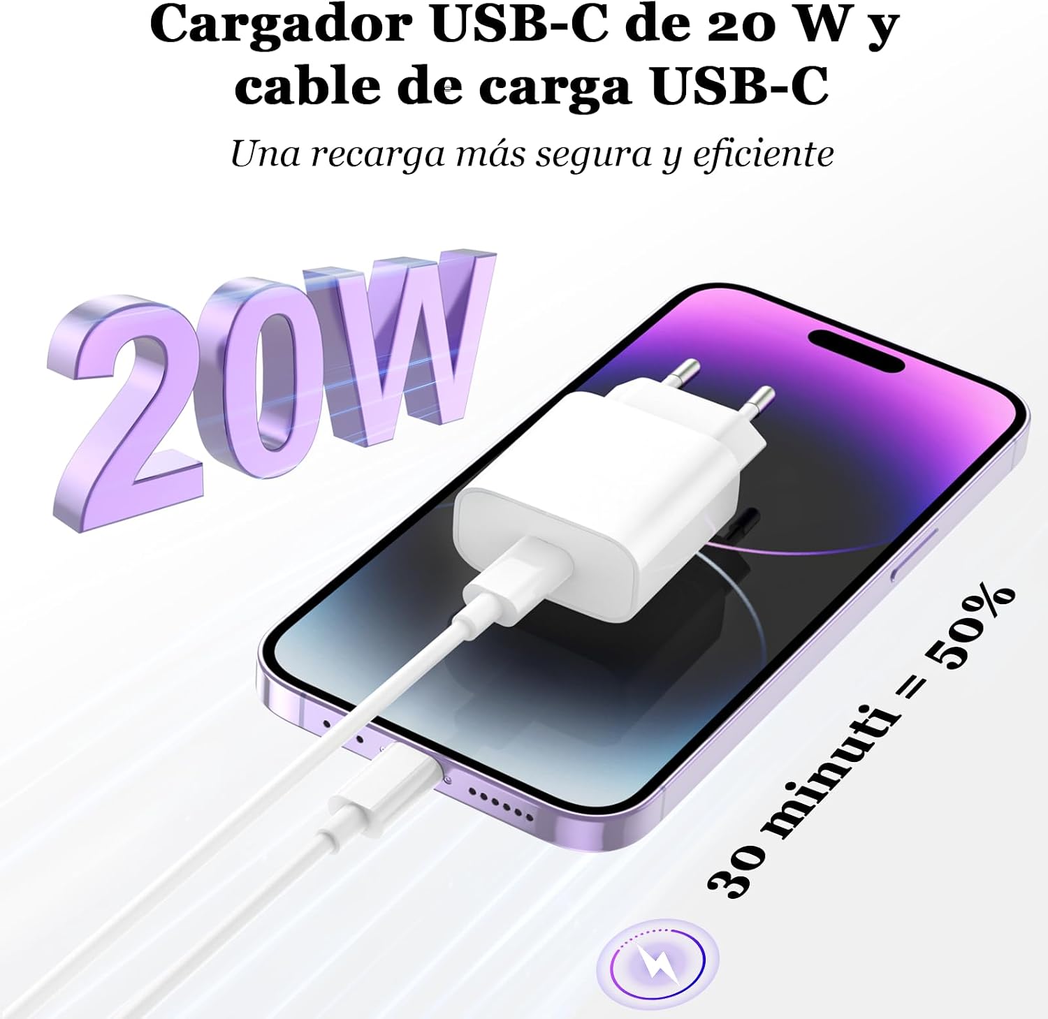 Detalle de BSTOEM 2Pack Cargador Carga Rápida 20W PD con Cable Lightning de 2 m para iPhone y iPad