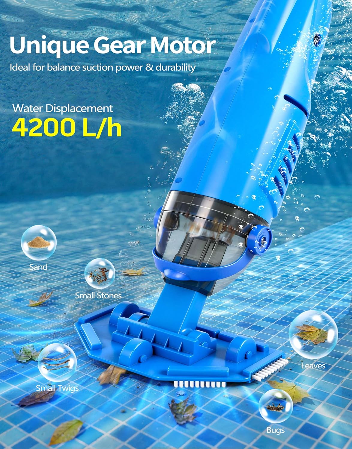 Detalle de LanBlu Poolsauger Akku mit Doppelbürstenkopf – Bodensauger mit Teleskopstange bis 250 cm