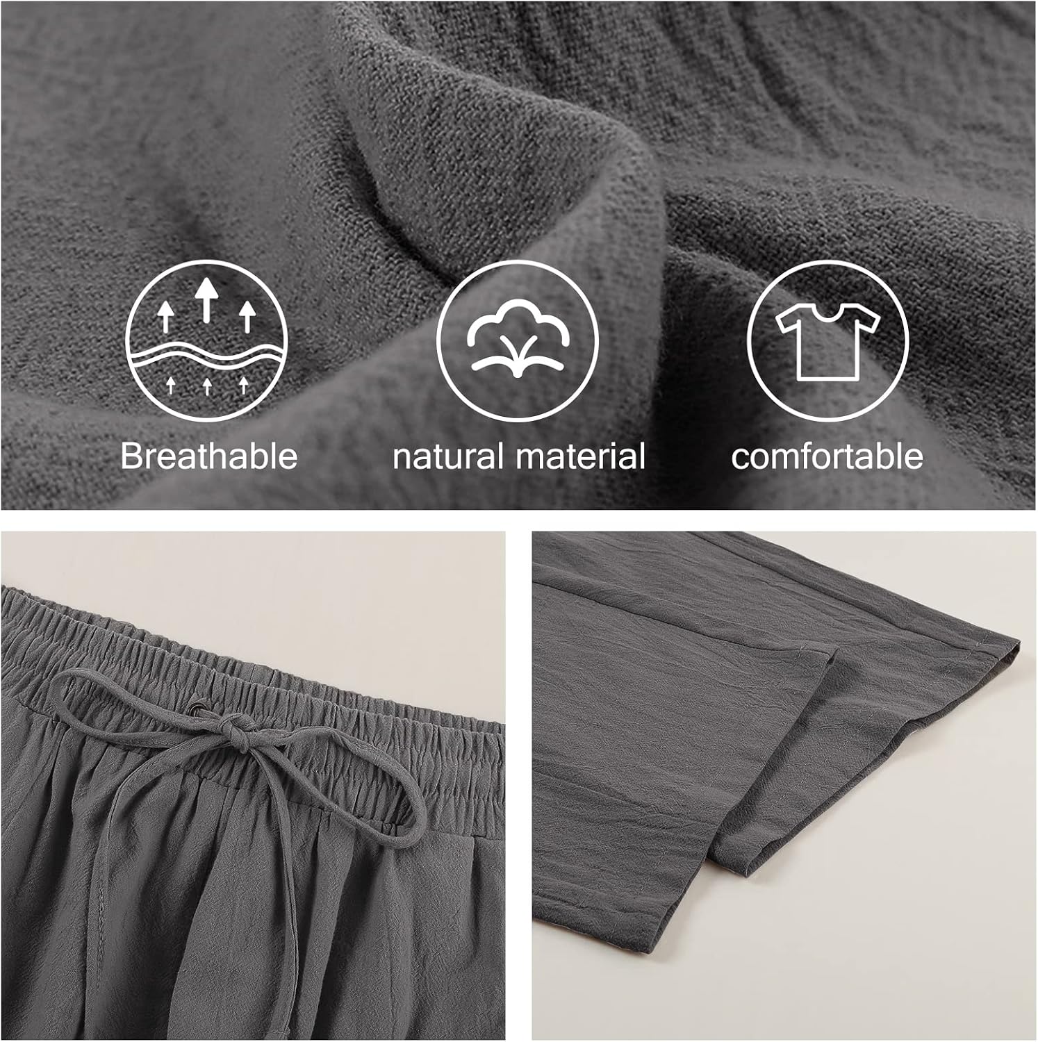 Detalle de Pantalon Femme Yuson en Lin Décontracté – Poches, Taille Élastique, 7 couleurs