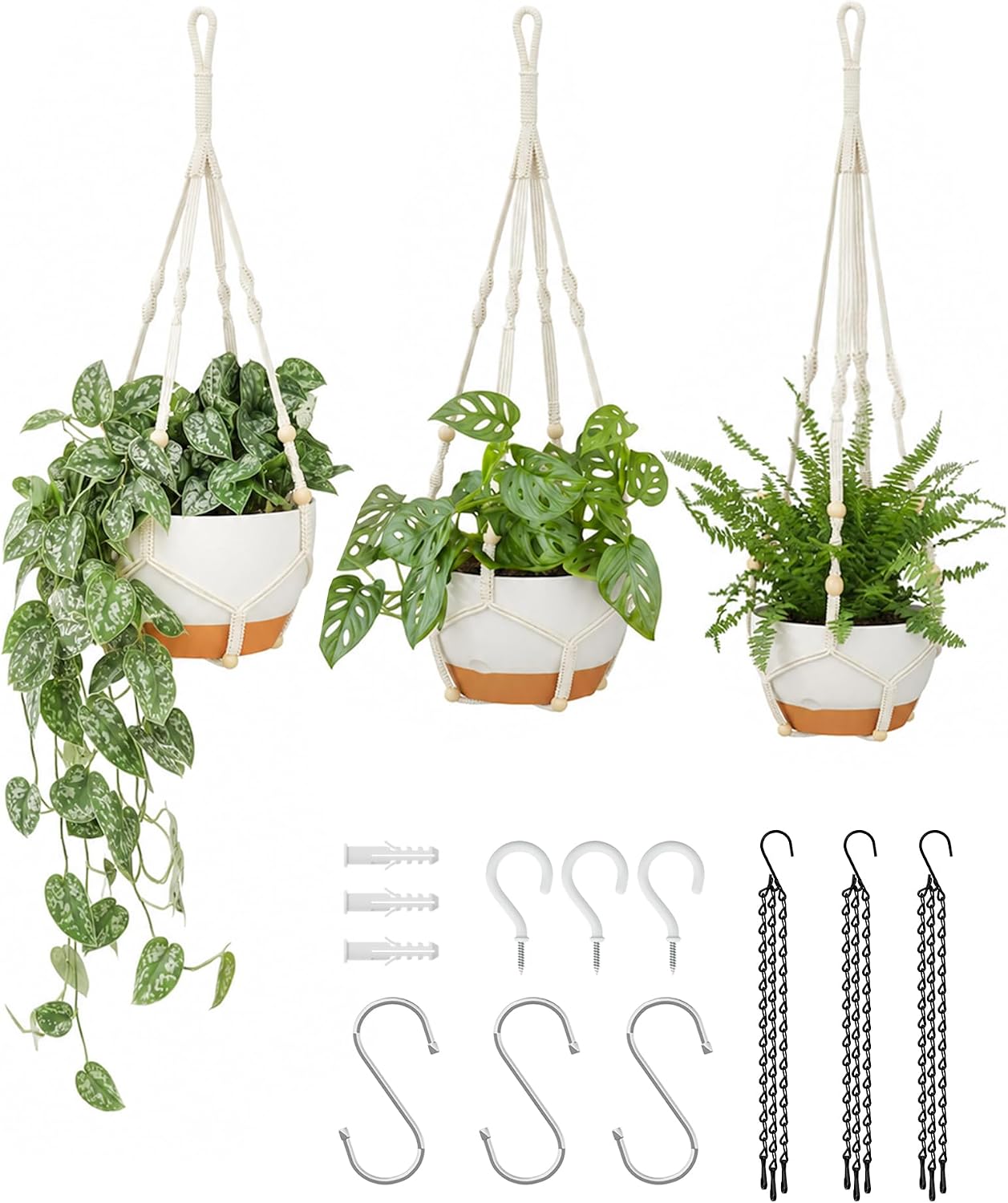Detalle de Bamworld Set di 3 Portavasi da Appendere in Macramé con Autorinnaio – Vasi Sospesi 28/23/20 cm, Bianco