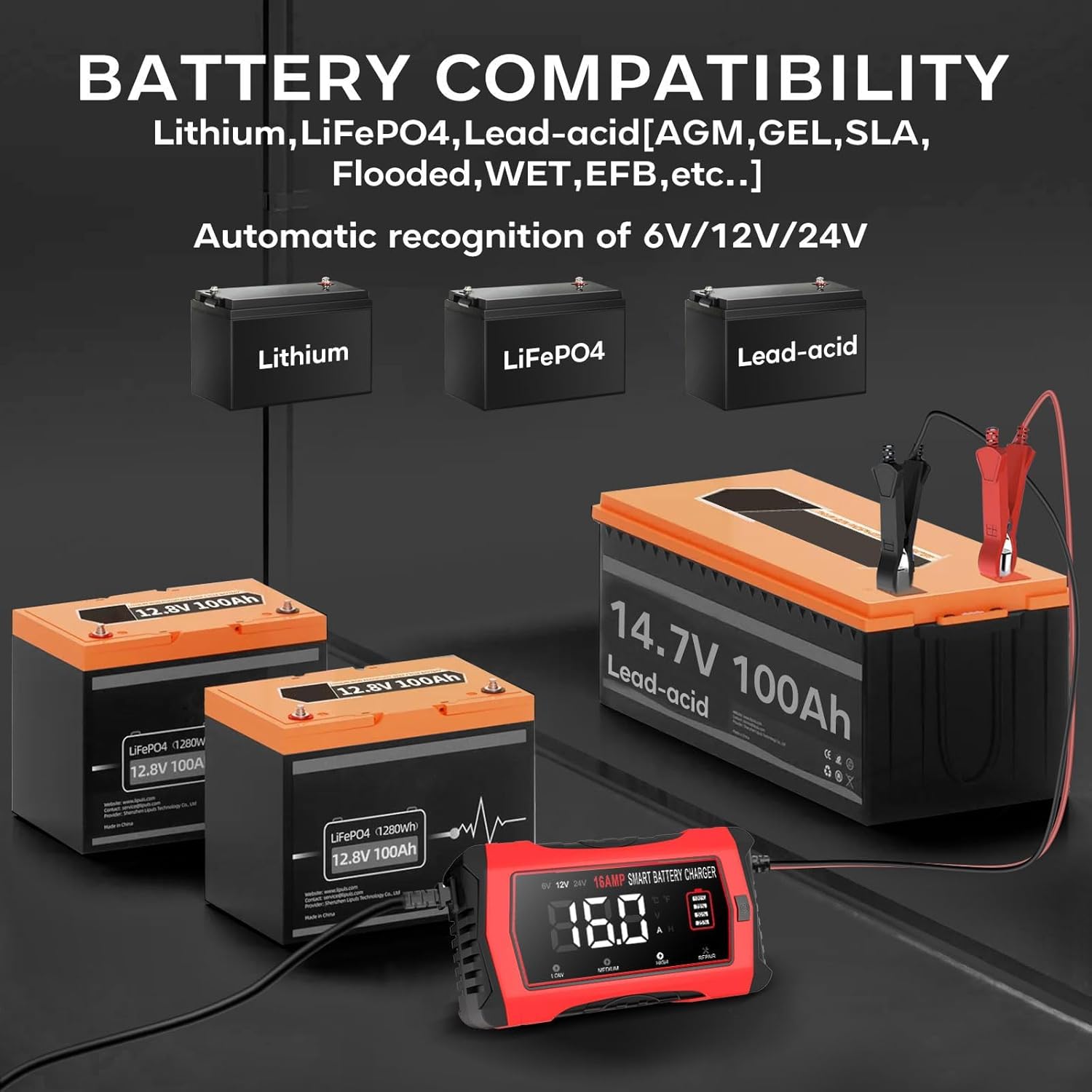 Thumbnail 1 de HTRC caricabatterie auto 16A 6V/12V/24V con schermo LCD e 4 modalità (piombo e LiFePO4/ioni litio)