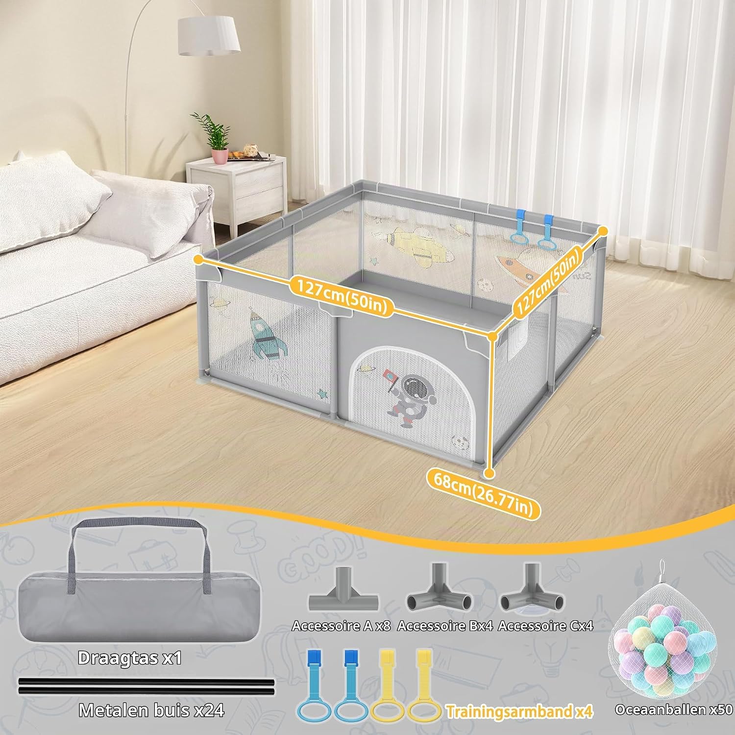 Detalle 2 de UISEBRT babybox 127 x 127 x 68 cm met ademend net en 50 ballen