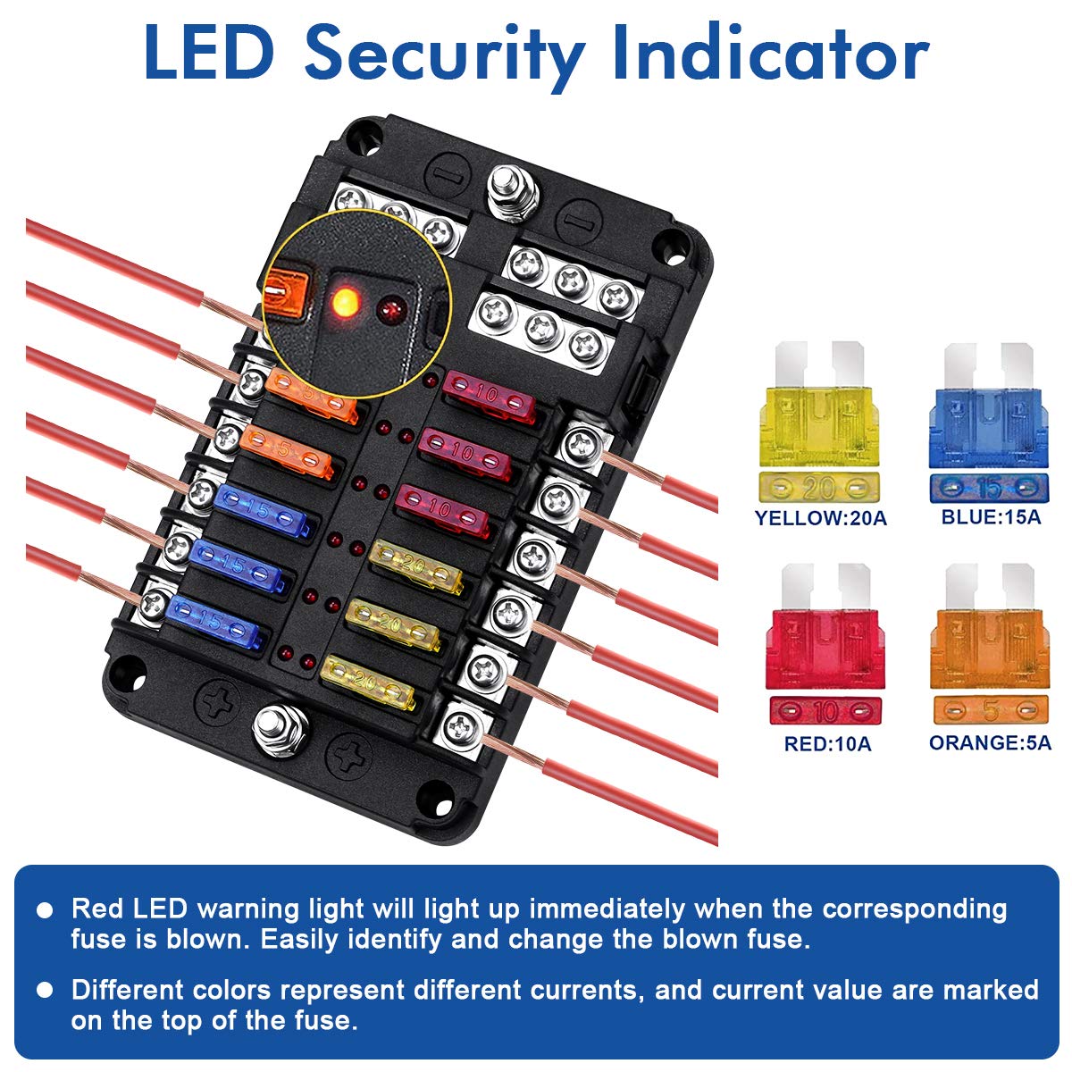 Thumbnail 1 de 12-Fach KFZ-Sicherungshalter KFZ 12V ATO Sicherungskasten mit LED-Anzeige & Schutzabdeckung (inkl. 24 Sicherungen)
