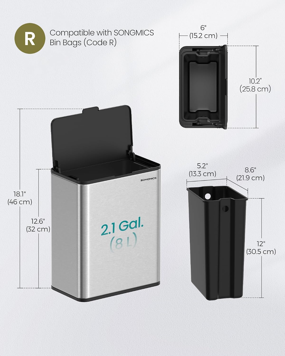 Thumbnail 6 de SONGMICS LTB810E08 8L Hanging Bin, Stainless Steel, Dual-Opening Lid