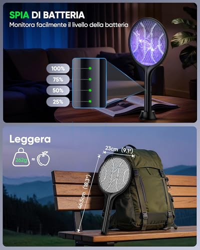Detalle de VIWAVE Scacciamosche elettrico extra forte da 4000 V 2-in-1 con luce UV, batteria 1800 mAh e supporto – nero