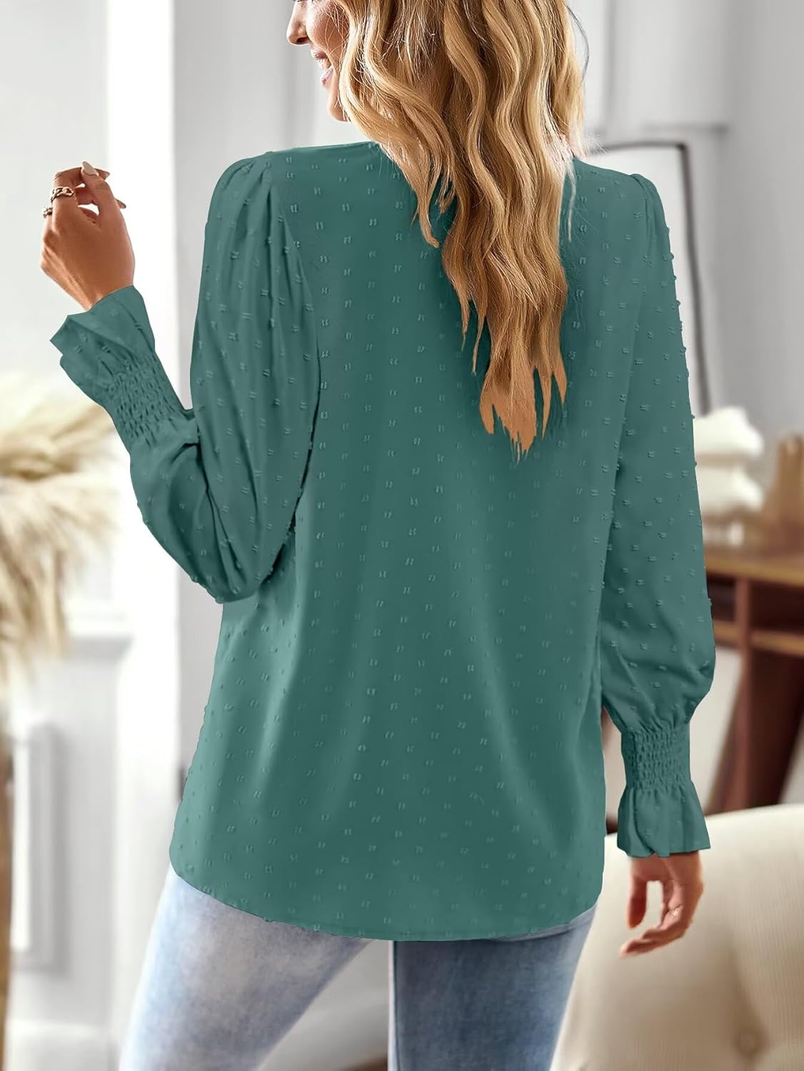 Thumbnail 2 de TUUHAW Damen Langarmshirt mit V-Ausschnitt und Häkelspitze – Boho-Bluse im fließenden Stil
