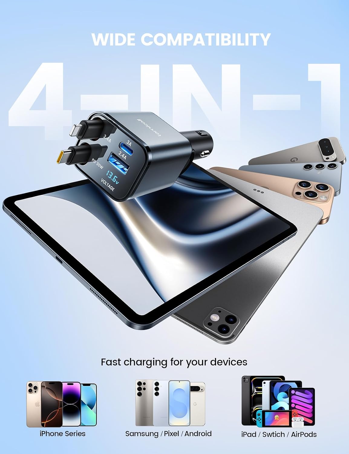 Thumbnail 2 de Lamicall 4‑in‑1 69W retractable car charger