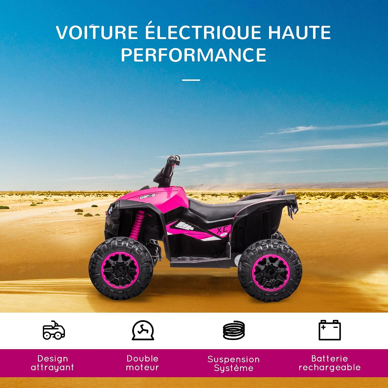 Detalle de HOMCOM Quad Électrique Enfant 12 V – Voiture 2 Moteurs, 3–6 km/h, LED, USB/TF, Rose