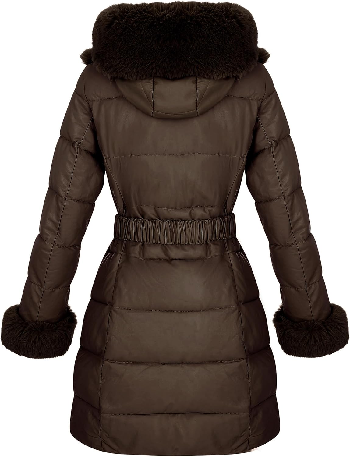 Detalle 2 de RISISSIDA Women's Mid-Length Faux-Leather Puffer Coat with Hood and Faux-Fur Trim