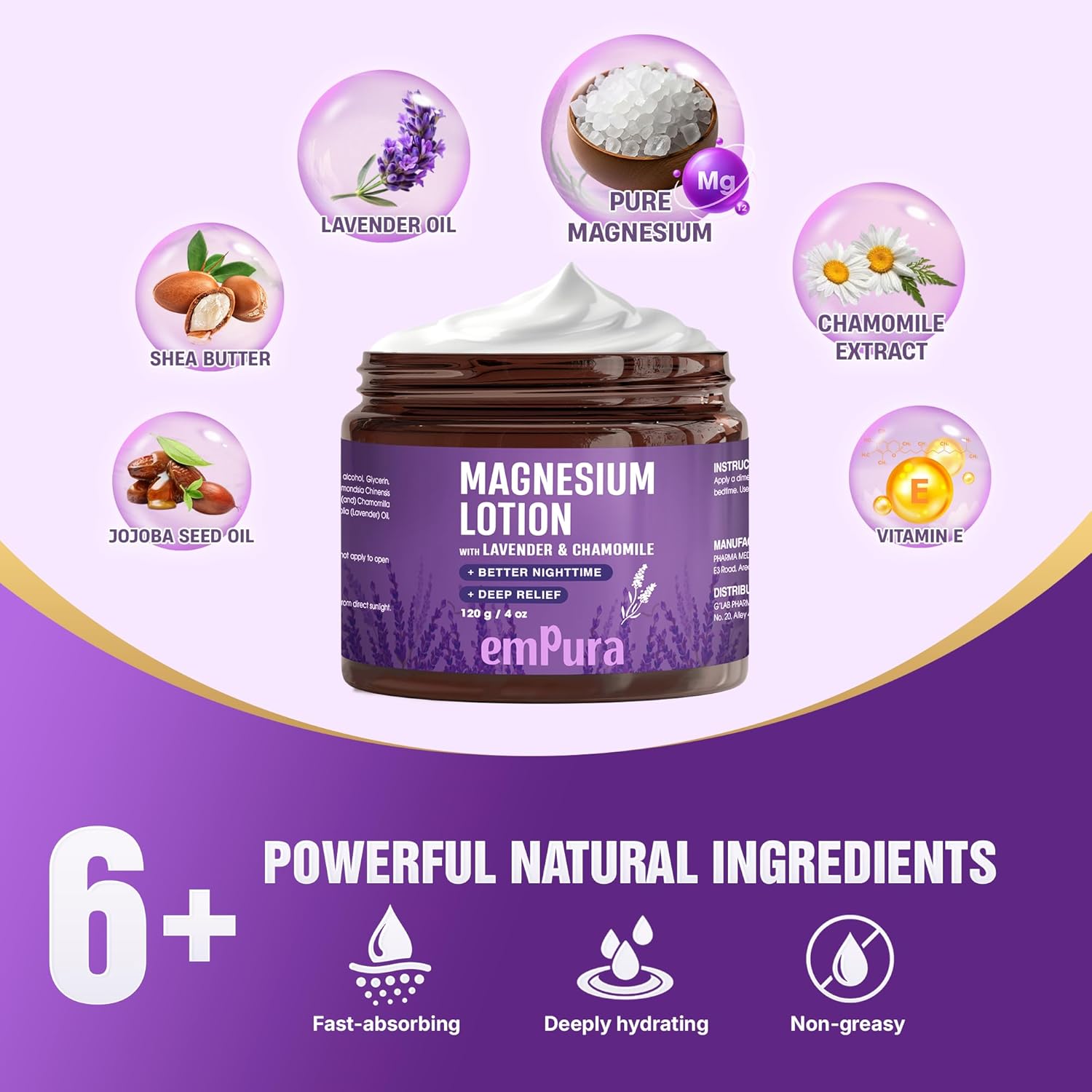 Detalle de EMPURA Magnesium Lotion with Lavender & Chamomile — Fast-Absorbing Muscle Comfort and Nighttime Relief (4oz)