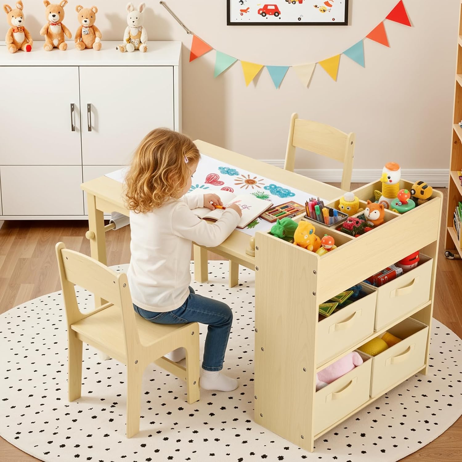Detalle de Clevich Kids Table and Chairs: 2-in-1 Wooden Craft Desk with Paper Roll, Storage Boxes and Dual Chairs