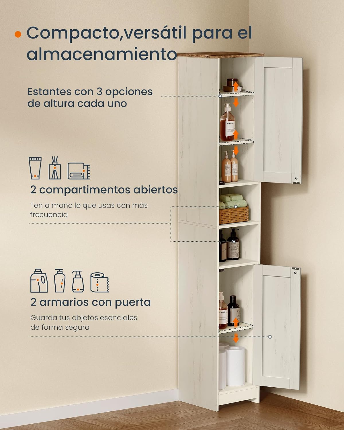 Detalle 1 de SONGMICS HOME HOPU BBC667WJ01 Tall Bathroom Cabinet, 30 x 30 x 170 cm