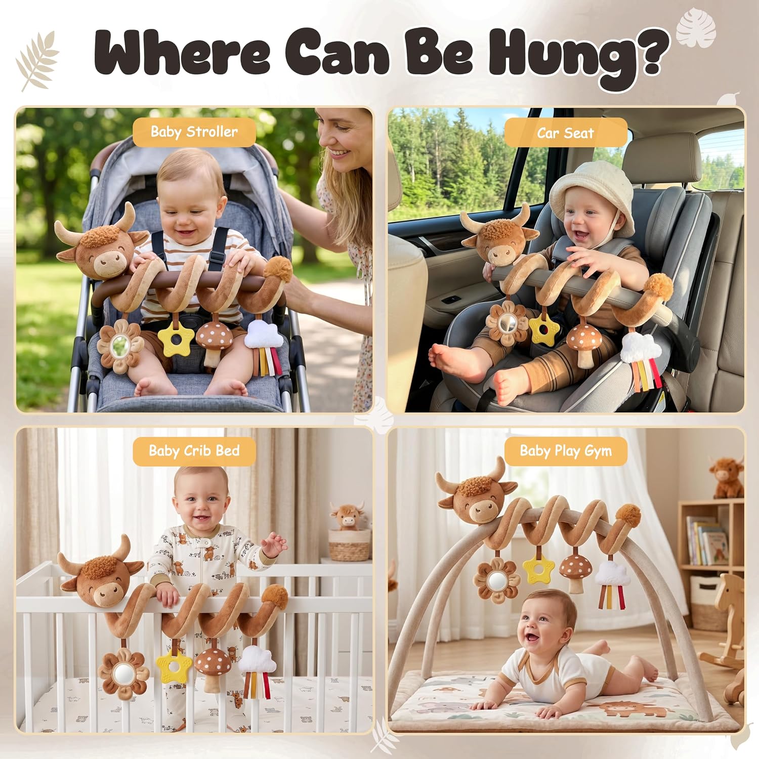 Detalle 2 de Stuffed YX_CST_007 Highland Cow Spiral Stroller Toy with Sensory Pendants