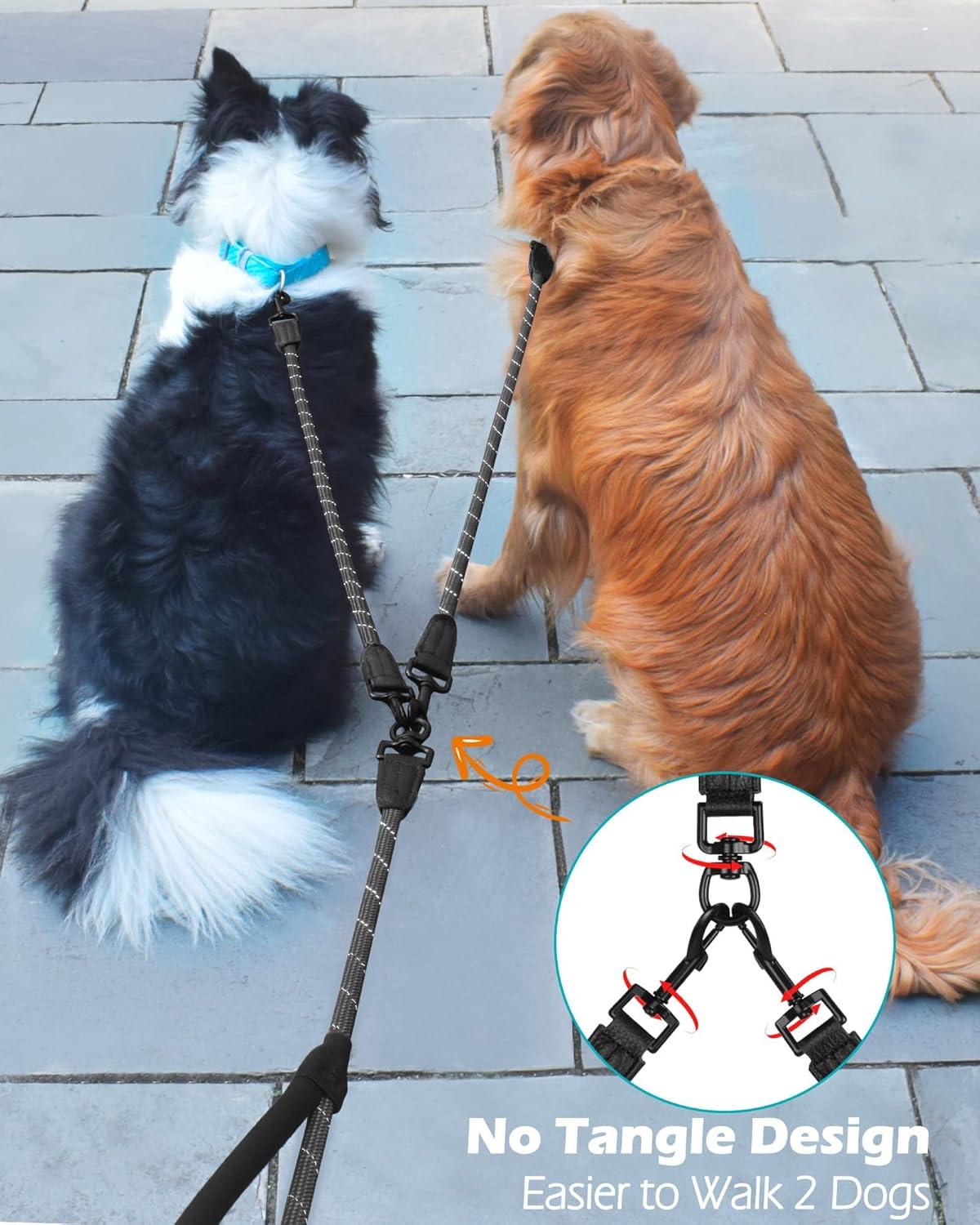 Thumbnail 2 de PetBonus Rope Double Dog Lead (No Tangle Dual Lead) with Reflective Stitching and 360° Swivel Clip, Black