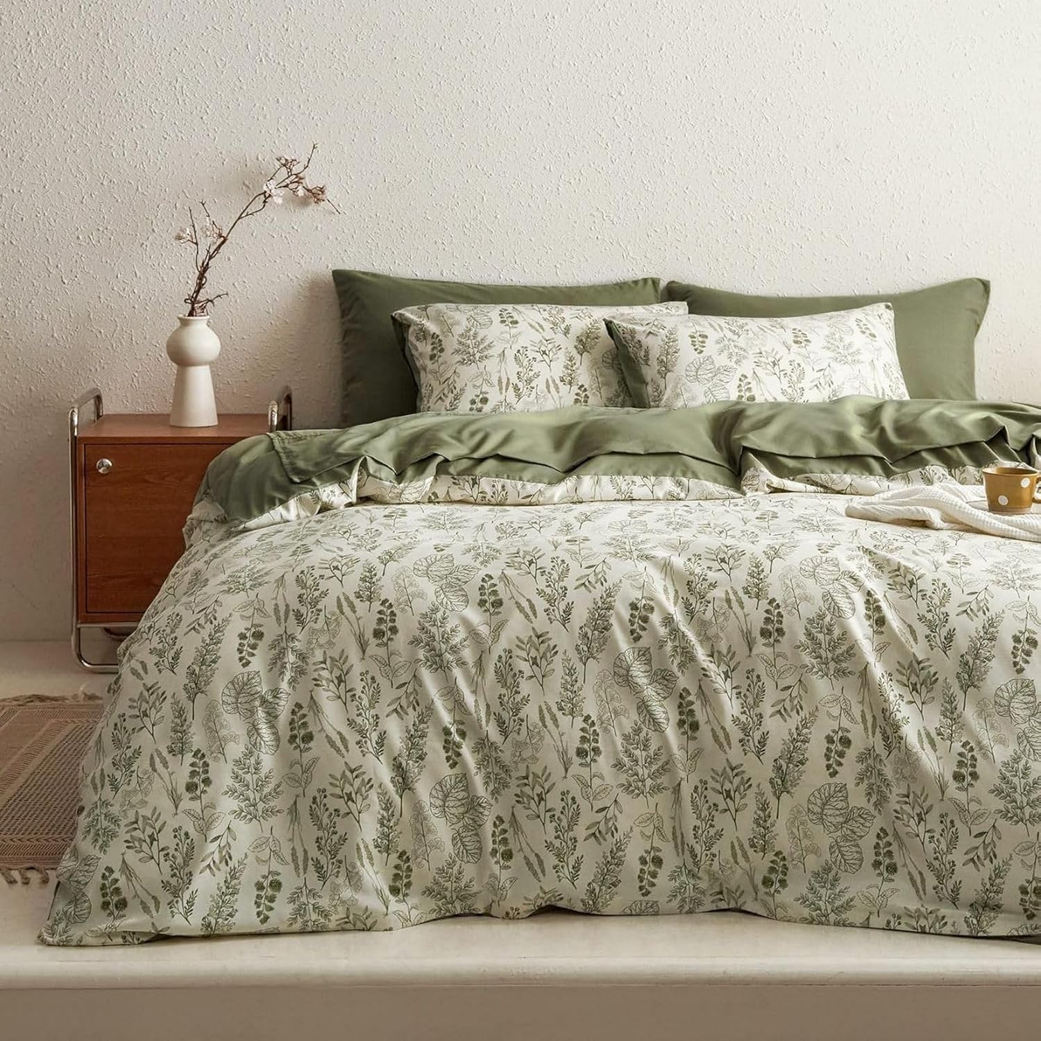 Detalle de Tospass Housse de couette 220x240 cm microfibre vert olive à fleurs avec fermeture éclair et 2 taies 65x65 cm