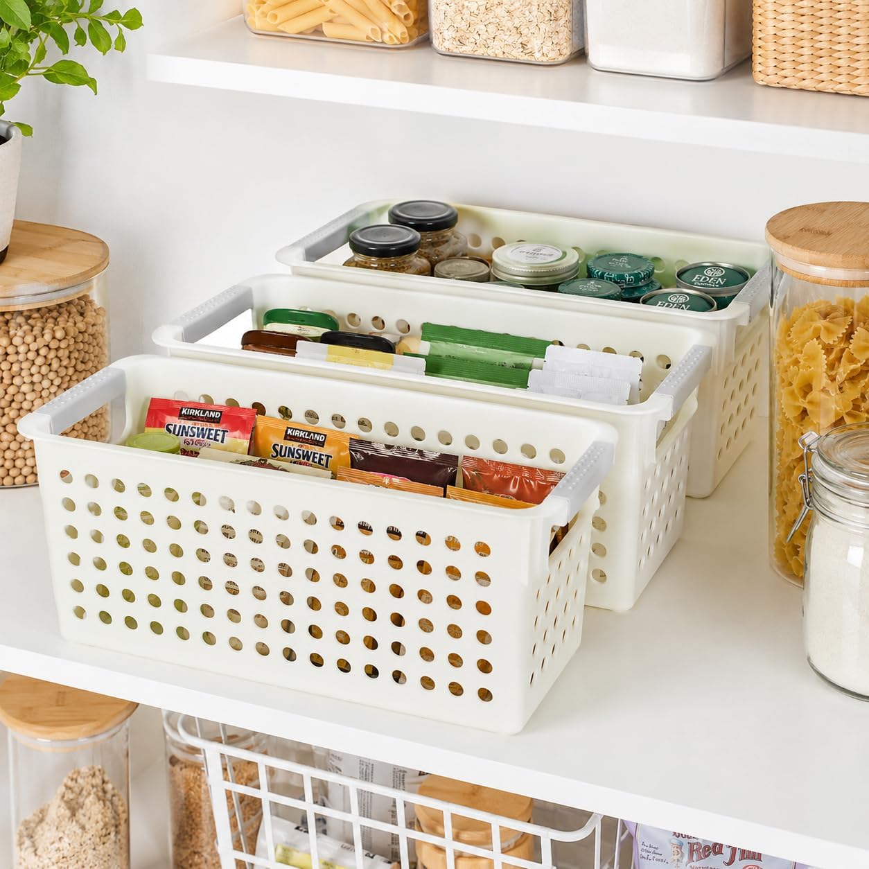 Detalle 2 de Basicwise QI003238 Set of 6 Plastic Storage Baskets, Ivory, 12" x 5" x 5