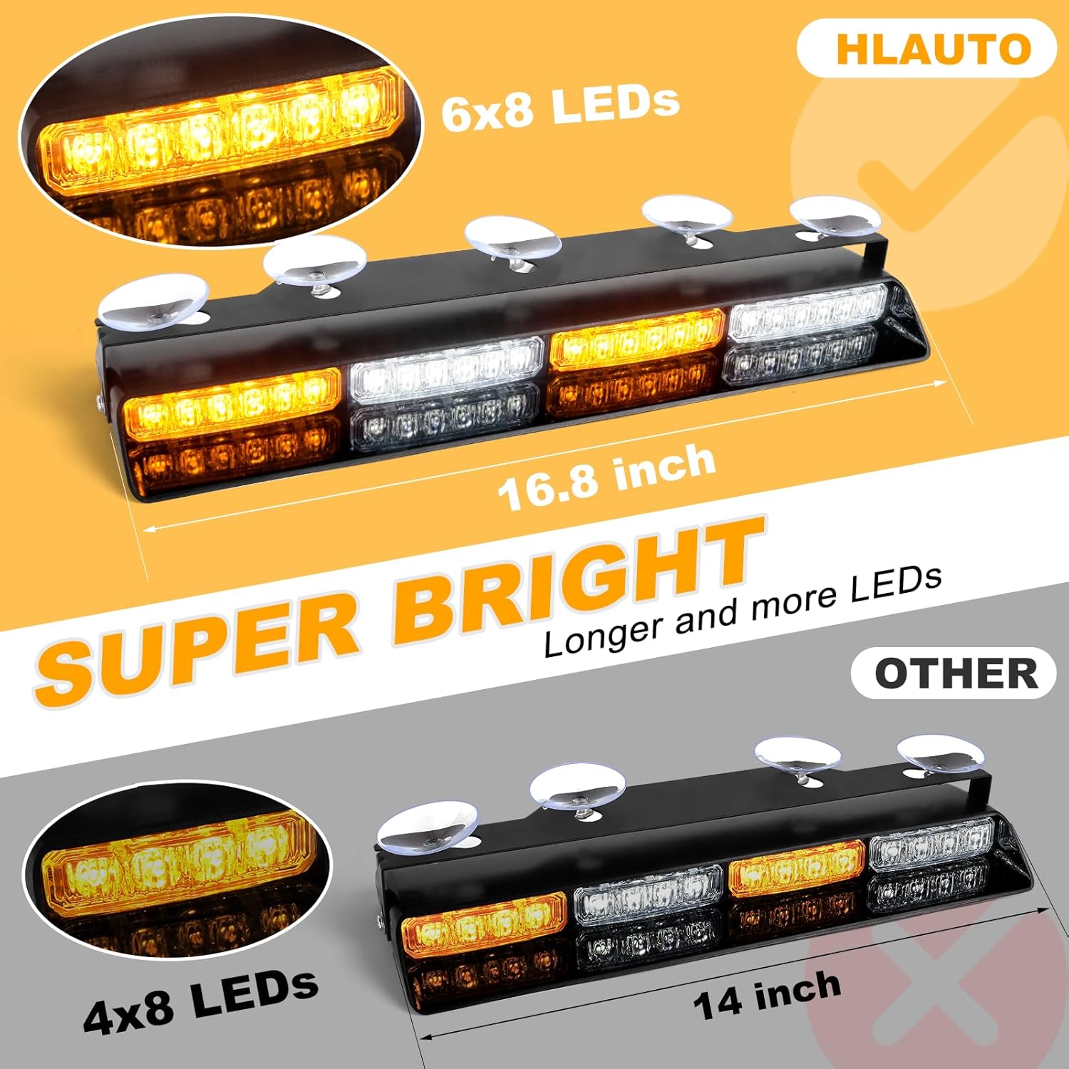 Detalle de HLauto 604N Emergency Dash Strobe Lights: 2x16.8 inch Amber/White Safety Light Bar